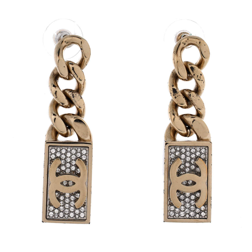 Chanel CC Dog Tag Charm Drop Earrings Metal with Crystals